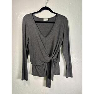 Everly Tie Top Long Sleeve Balletcore V-Neck Sz L Grey Luxury Flowing Boho Cozy